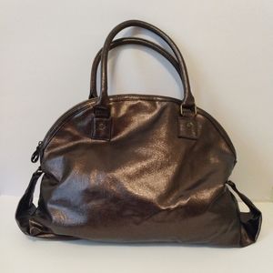 Lancome Brown Gold Metallic Zip Double Handle Travel Tote Shoulder Bag